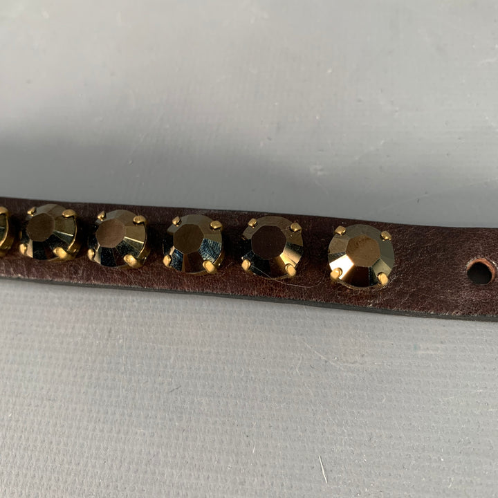 RONALD PINEAU Brown Gold Rhinestones Leather Buckle Bracelet