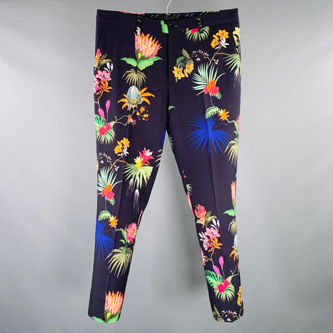 ETRO Size 32 Black Multi Color Floral Wool Blend Flat Front Dress Pants