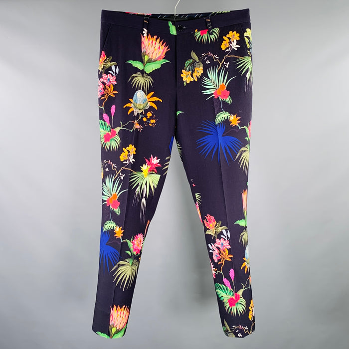 ETRO Size 32 Black Multi Color Floral Wool Blend Flat Front Dress Pants