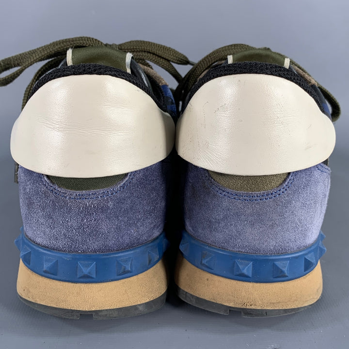 VALENTINO Size 9.5 Blue Taupe Color Block Leather Rubber Sole Sneakers