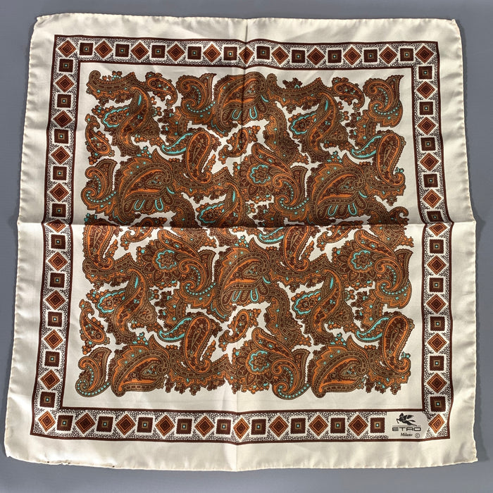 ETRO White Brown Paisley Silk Pocket Square