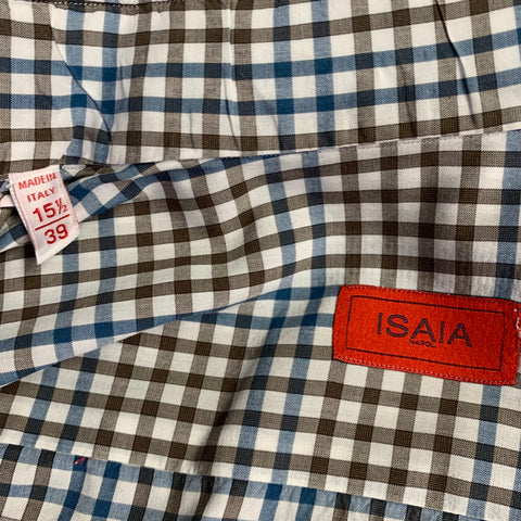 ISAIA Size M Brown White Blue Checkered Cotton Spread Collar Long Sleeve Shirt