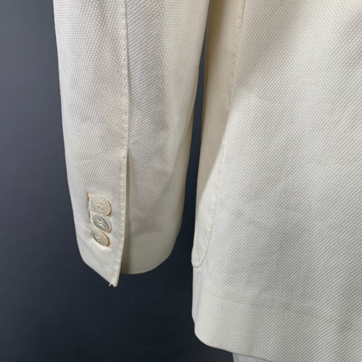 BRIONI Size L White Woven Cotton Blend Notch Lapel Jacket