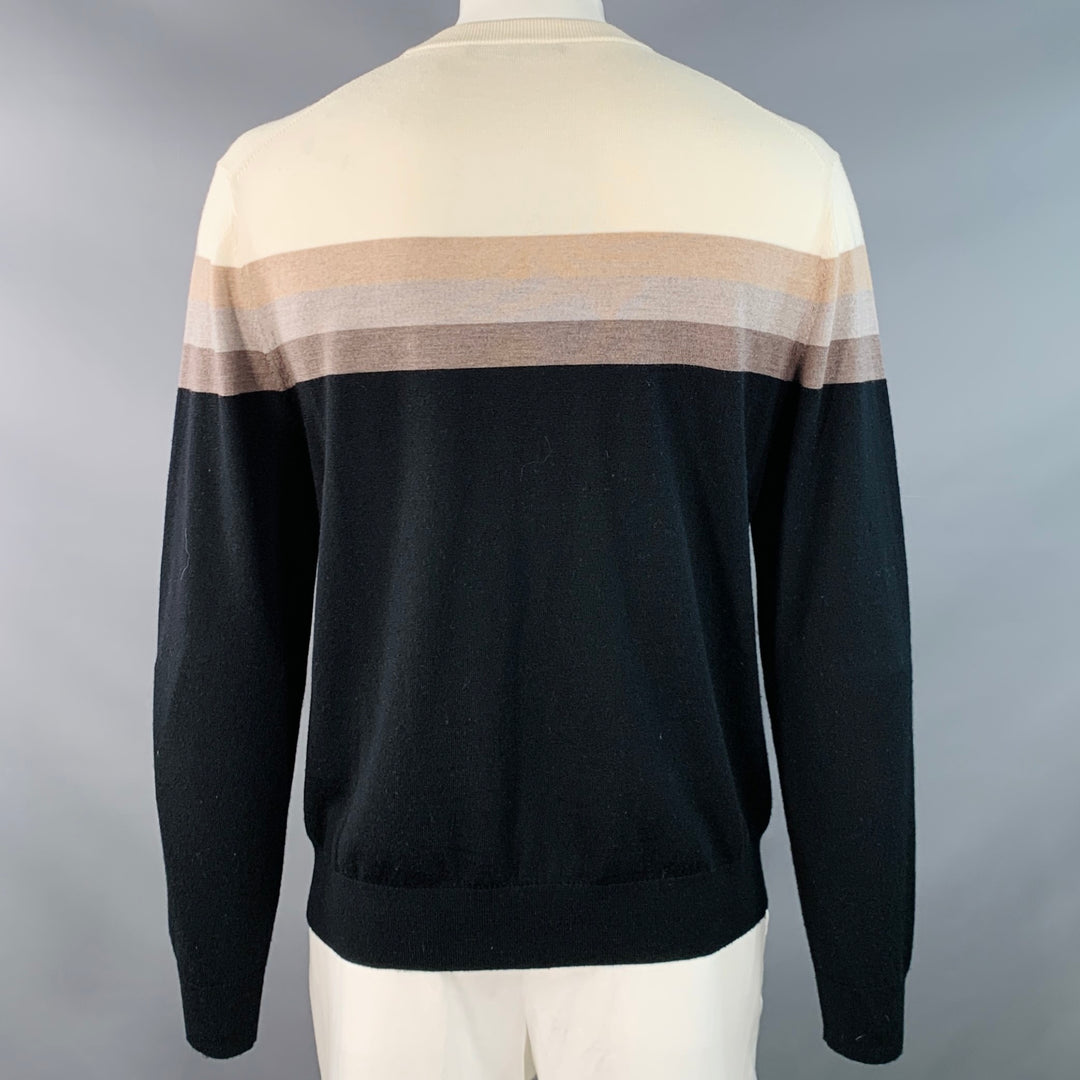 MR TURK Size XL Cream Tan Brown Stripe Merino Wool Crew Neck Pullover