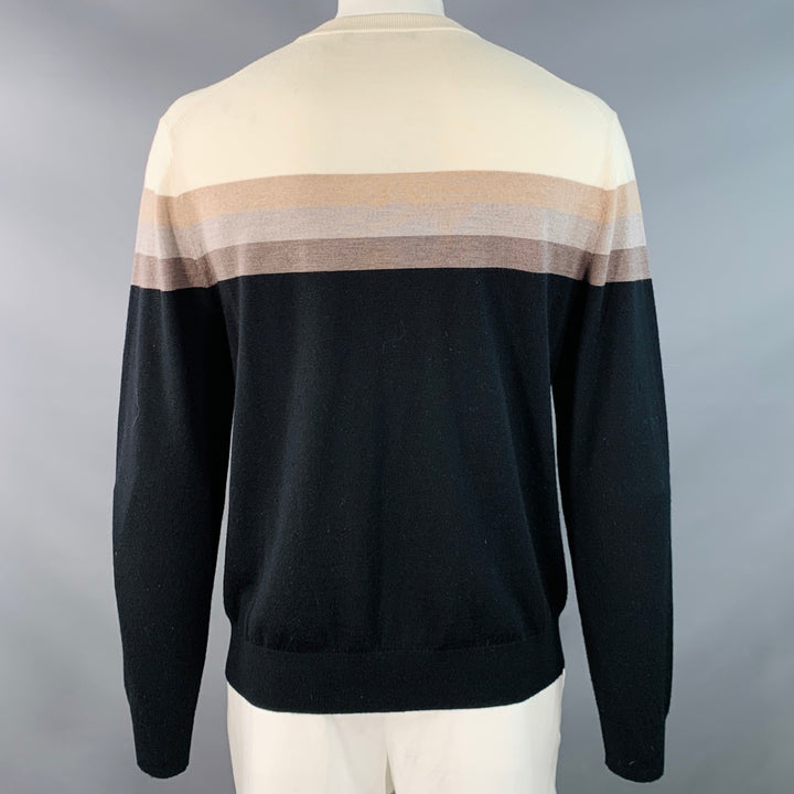 MR TURK Size XL Cream Tan Brown Stripe Merino Wool Crew Neck Pullover