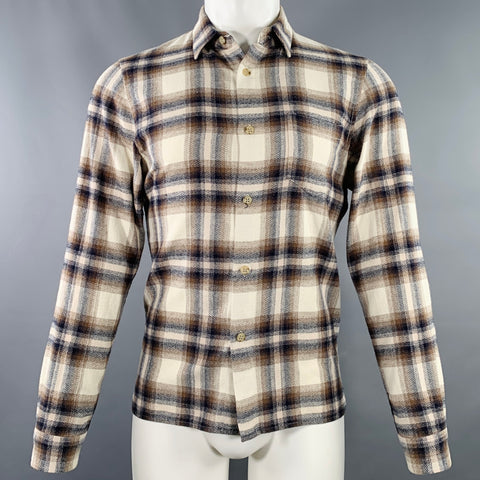 JOHN ELLIOTT Size S Beige Blue Brown Plaid Cotton One Pocket Long Sleeve Shirt