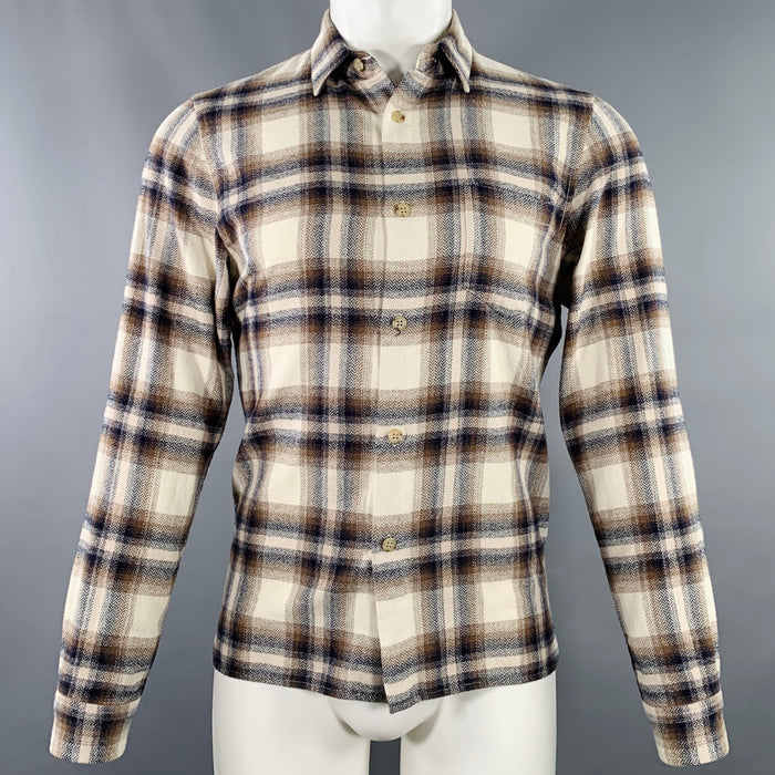 Chemise JOHN ELLIOTT taille S à carreaux beige, bleu et marron en coton à manches longues et une poche