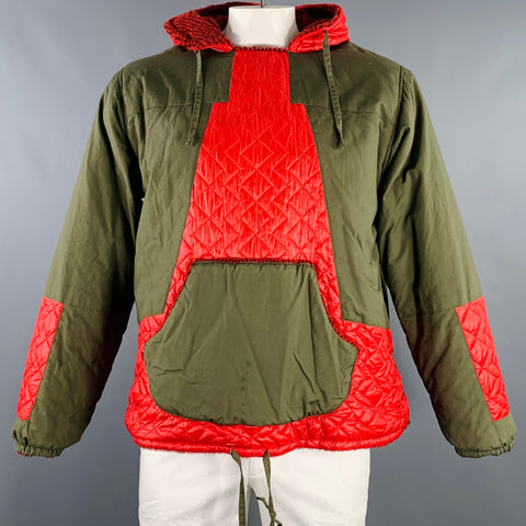 MONITALY Size L Olive Red Quilted Cotton Nylon Pop Over Jacket