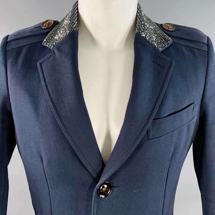 BURBERRY PRORSUM SS07 Size 38 Navy Rhinestone Cotton Wool Military Style Peacoat