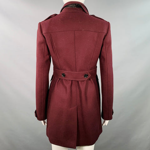 BURBERRY BRIT Size 4 Burgundy Virgin Wool Blend Single Breasted Coat