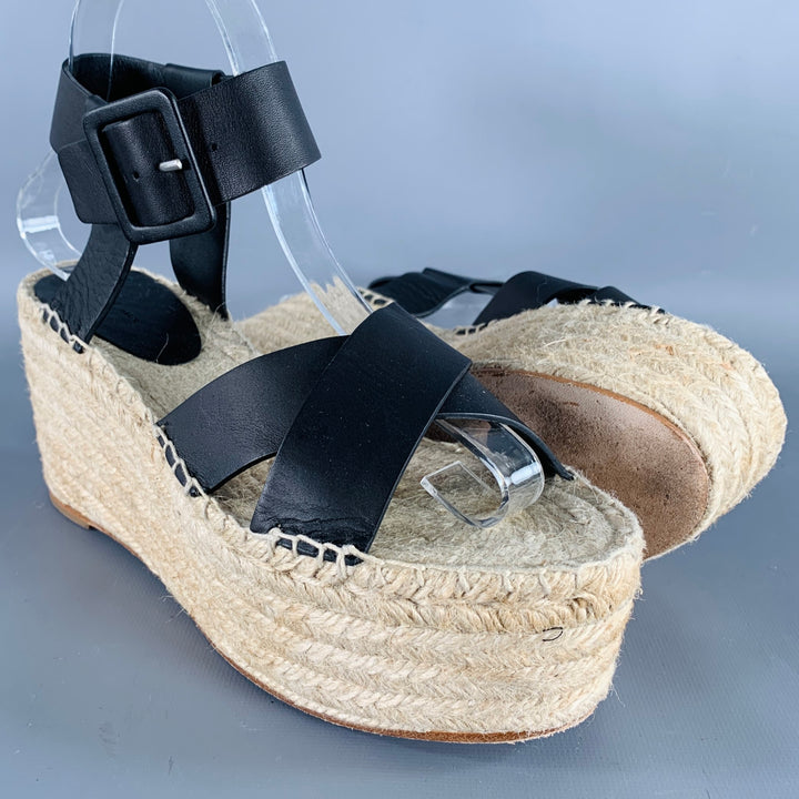 CELINE Size 7 Black Natural Leather Espadrille Sandals