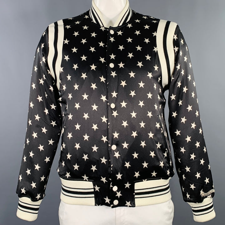 OVADIA & SONS Size M Black Cream Stars Satin Bomber Jacket