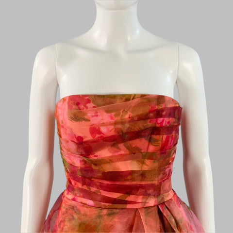 THEIA Size 2 Burgundy Polyester Abstract Floral Strapless Long Evening Gown