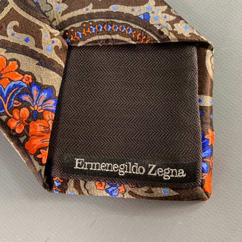 ERMENEGILDO ZEGNA Brown Orange Floral Paisley Silk Satin Tie