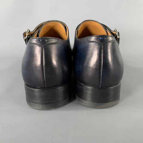 MAGNANNI Size 8 Navy Black Leather Double Monk Strap Loafers