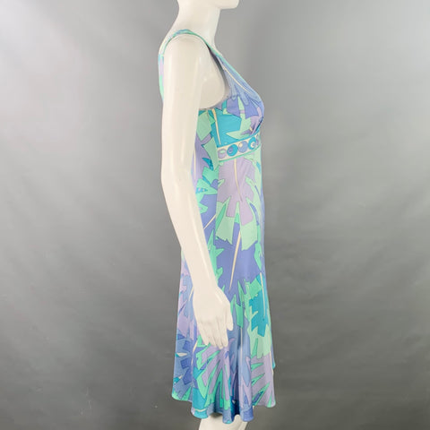 EMILIO PUCCI Size 8 Blue Green Silk Leaves V-Neck Midi Dress