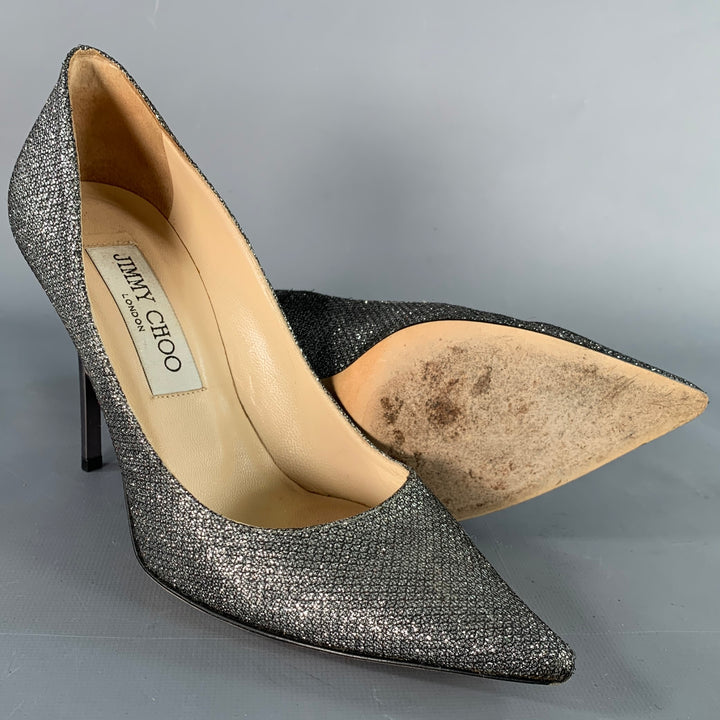 JIMMY CHOO Size 4 Silver Glitter Pointed Toe Stiletto Pumps
