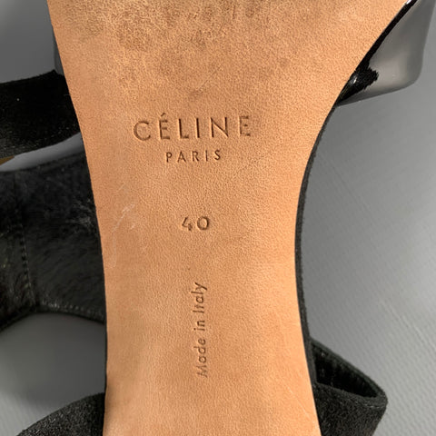 CELINE Size 10 Black Suede Patent Leather Ankle Strap Sandals