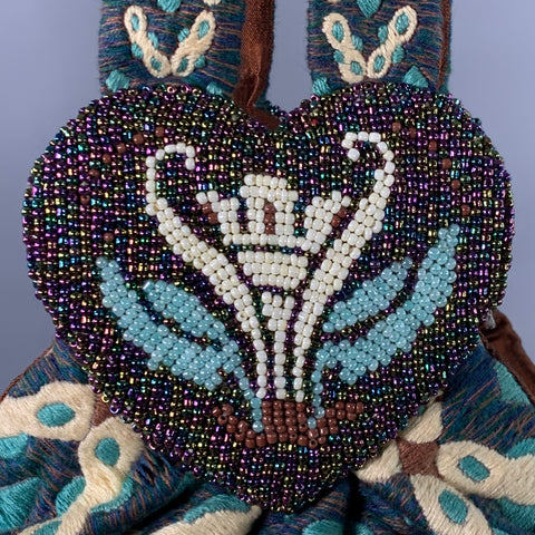 MURIEL BRANDOLINI Blue Brown White Beaded Hand Embroidered Cotton Handbag