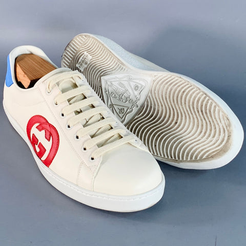 GUCCI Size 8.5 White Red Blue Logo Leather Suede Sneakers