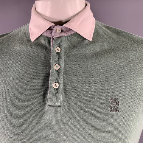 BRUNELLO CUCINELLI Size L Green White Color Block Cotton Polo
