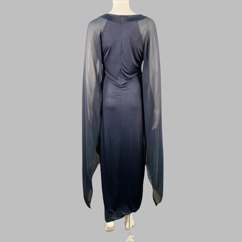 FENZY Size S Navy Polyester Blend See Through Open Sleeves High Slit Dress