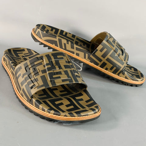 FENDI Size 10 Brown Beige Logo Monogram Acetate Slip On Slide Sandals