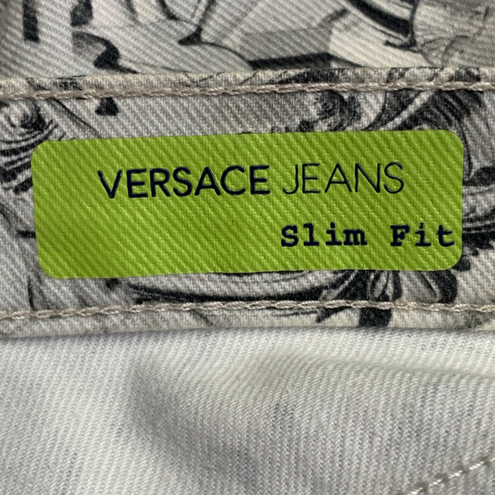 VERSACE JEANS Size 30 White Grey Logo Print Cotton Blend Slim Tapered Jeans