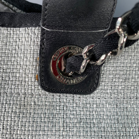 CHANEL Deanville Black Grey Tweed Straw Canvas Tote Leather Handles Handbag
