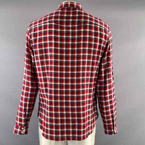 JOHN VARVATOS Size L Red Navy & Cream Plaid Cotton Long Sleeve Shirt