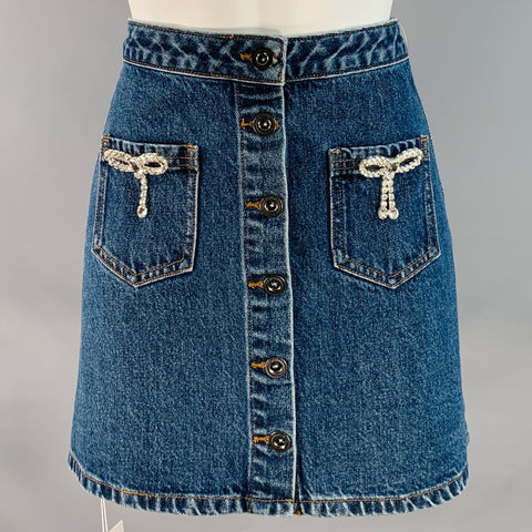 SELF-PORTRAIT Size 4 Diamante Bow Blue Cotton Rhinestones A-Line Mini Skirt
