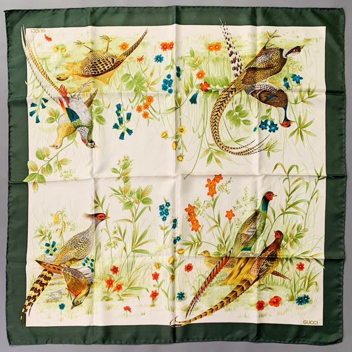 GUCCI Green Multi Color Birds Silk Square Scarf Shawl