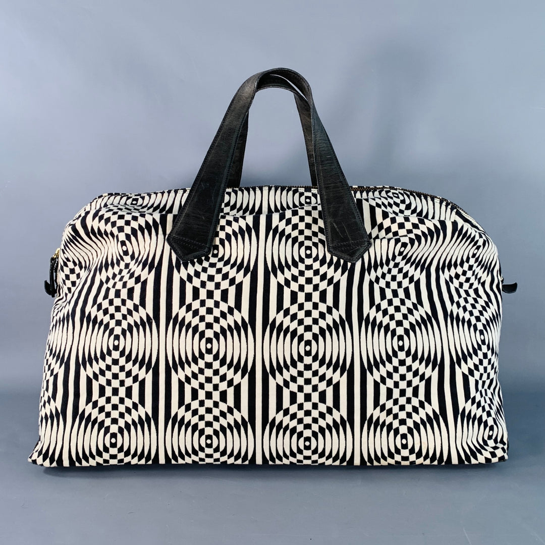PAUL SMITH Black White Geometric Leather Trim Canvas Weekender Bag