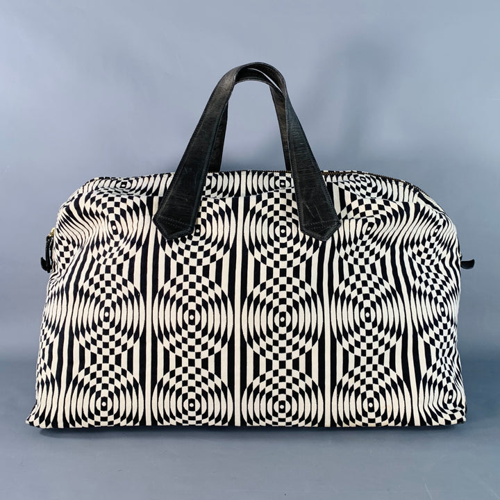 PAUL SMITH Black White Geometric Leather Trim Canvas Weekender Bag