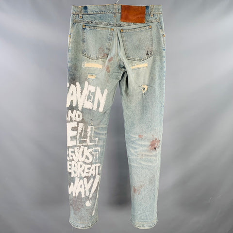 DOLCE & GABBANA Size 33 Heaven and Hell Blue White Hand Painted Denim Straight Distressed Jeans