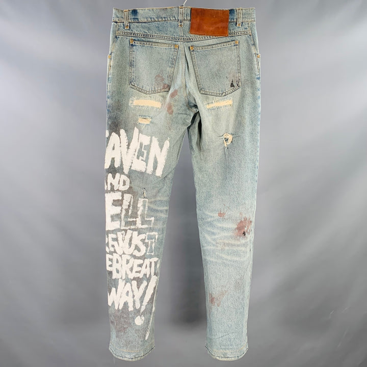 DOLCE & GABBANA Size 33 Heaven and Hell Blue White Hand Painted Denim Straight Distressed Jeans