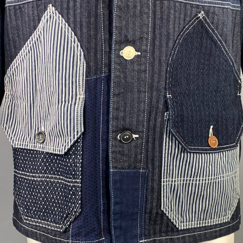 FDMTL Size L Indigo White Sashiko Patchwork Cotton Chore Jacket