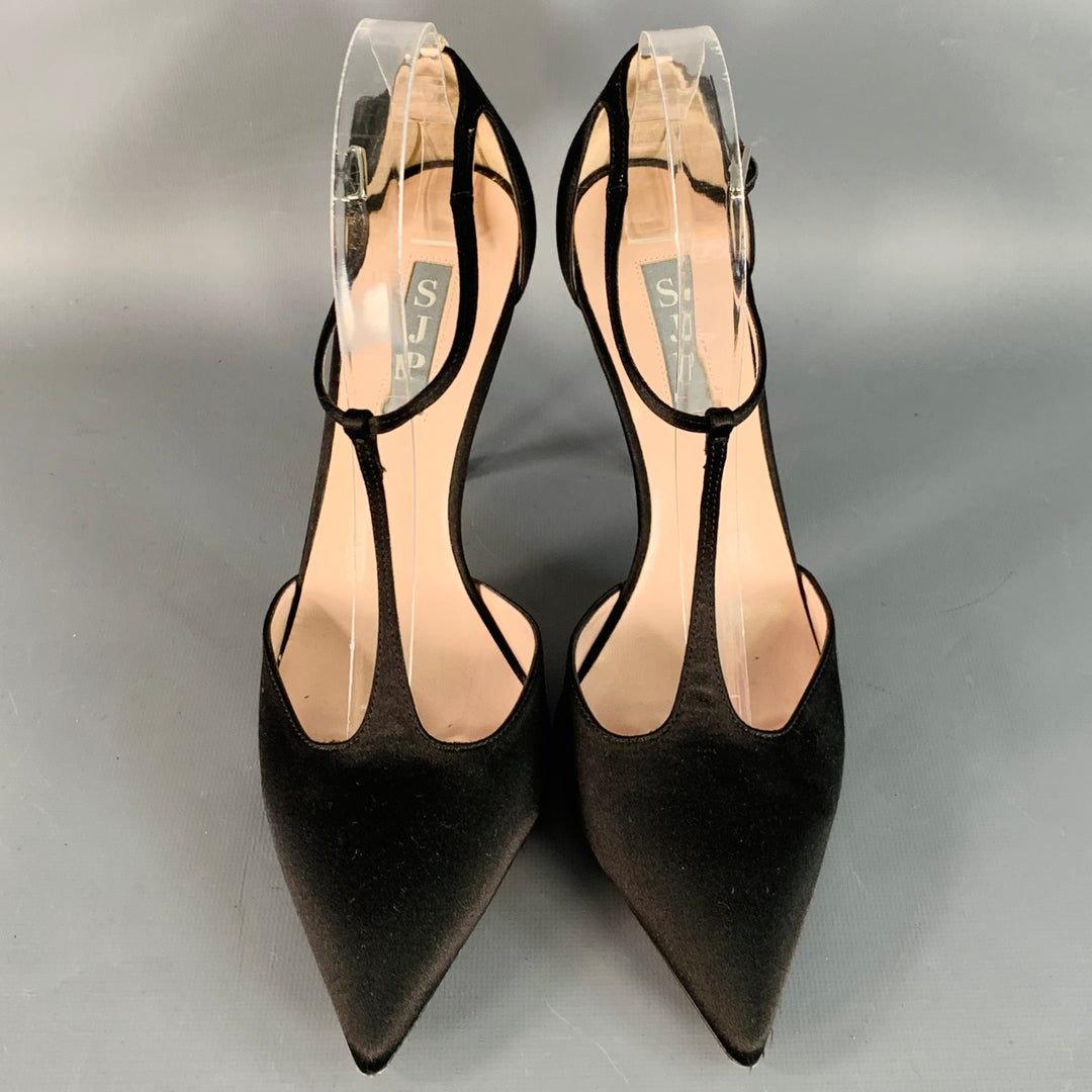 SJP Size 9 Black Silk Stiletto T-Strap Heels Sandals