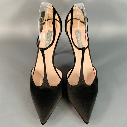 SJP Size 9 Black Silk Stiletto T-Strap Heels Sandals