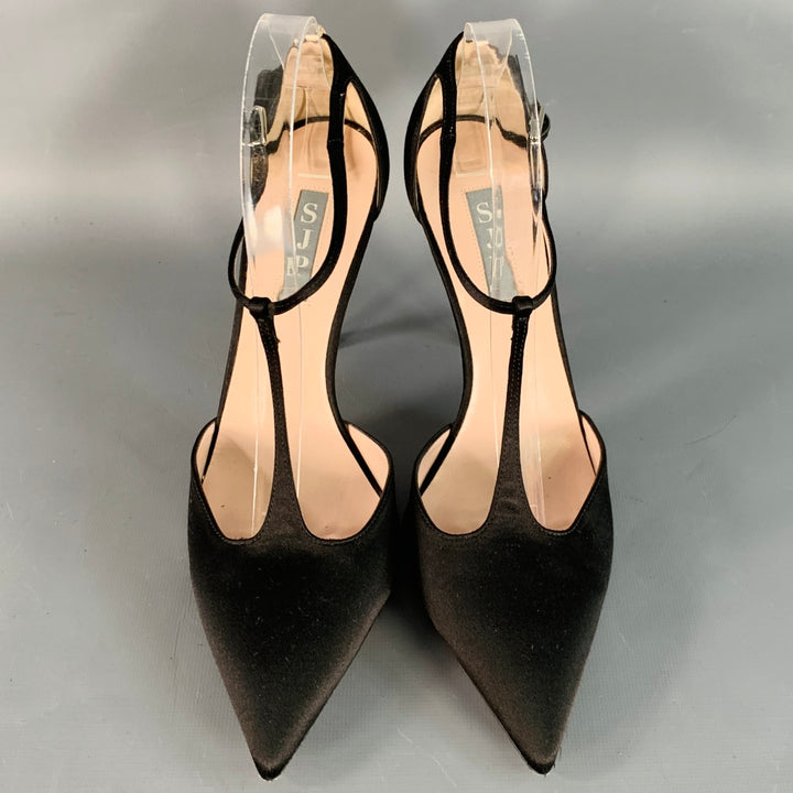 SJP Size 9 Black Silk Stiletto T-Strap Heels Sandals