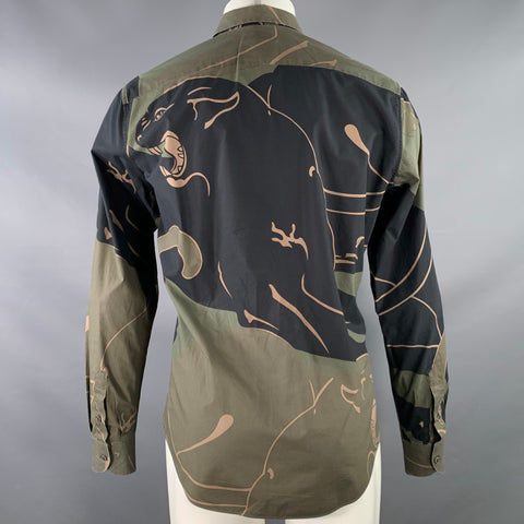 VALENTINO Size M Green Black Panther Print Cotton Button Up Long Sleeve Shirt