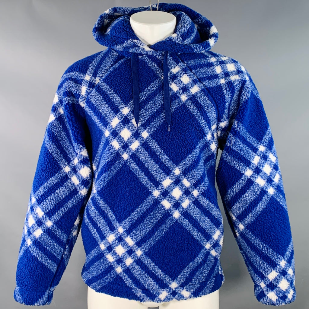 BURBERRY Size XS Blue White Plaid Acrylic Blend Fleece Hoodie