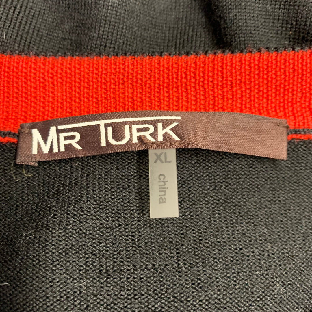 MR TURK Size XL Black Red Wool Heart V-Neck Pullover