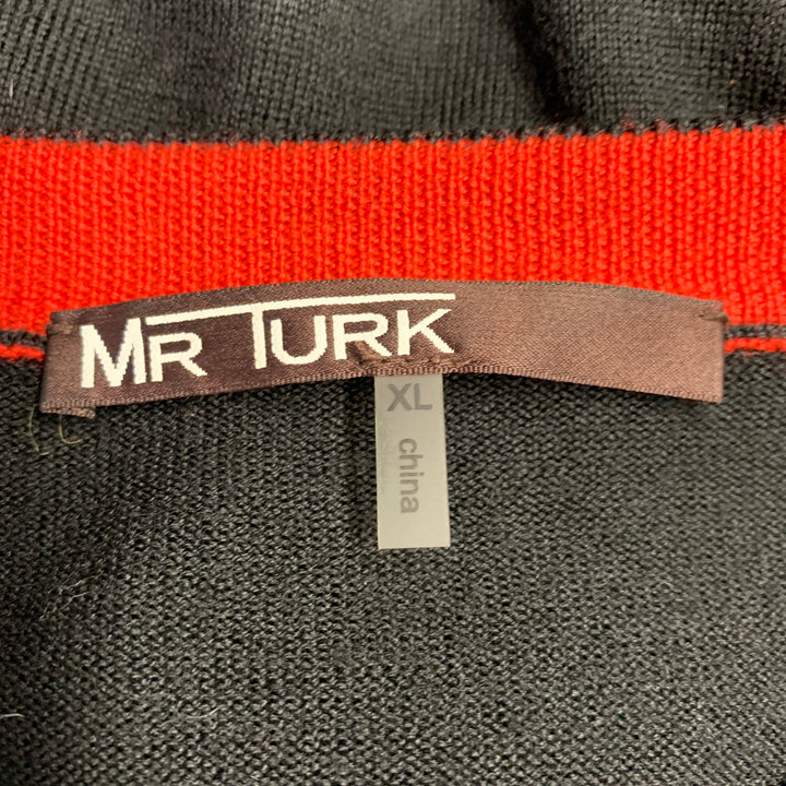 MR TURK Size XL Black Red Wool Heart V-Neck Pullover