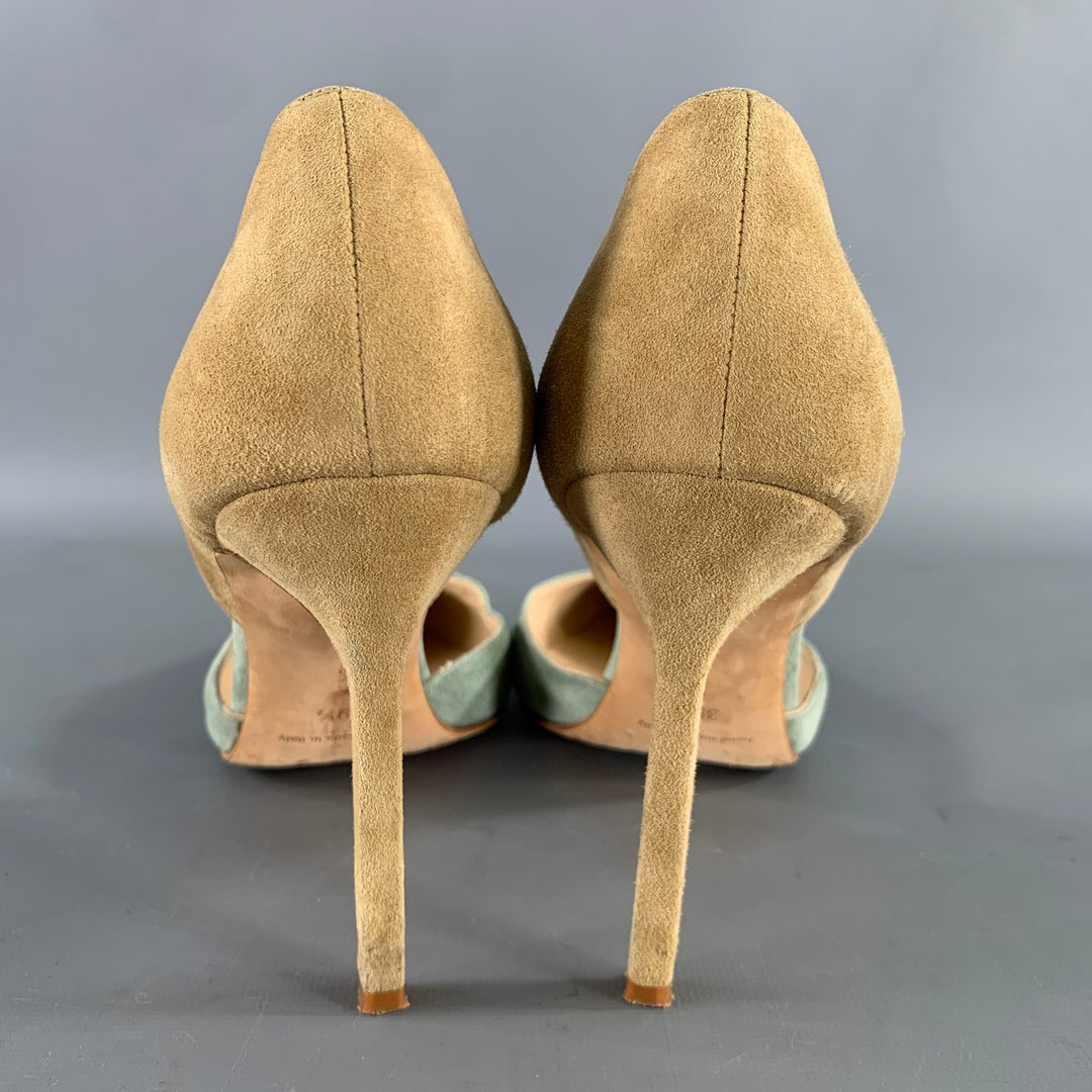 MANOLO BLAHNIK Size 9.5 Sage Tan Suede Two Tone Suede Pointed Toe Pumps