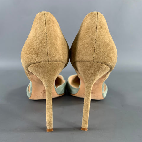 MANOLO BLAHNIK Size 9.5 Sage Tan Suede Two Tone Suede Pointed Toe Pumps