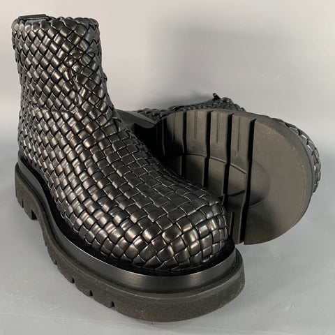 BOTTEGA VENETA Size 8 Black Mini Lido Weave Lug Woven Leather Side Zipper Boots