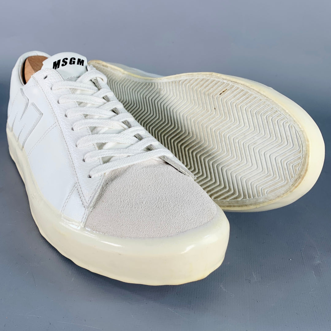 MSGM Size 8 White Leather Suede Trim Lace-Up Low Top Sneakers