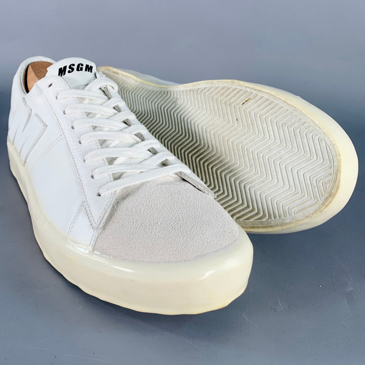 MSGM Size 8 White Leather Suede Trim Lace-Up Low Top Sneakers