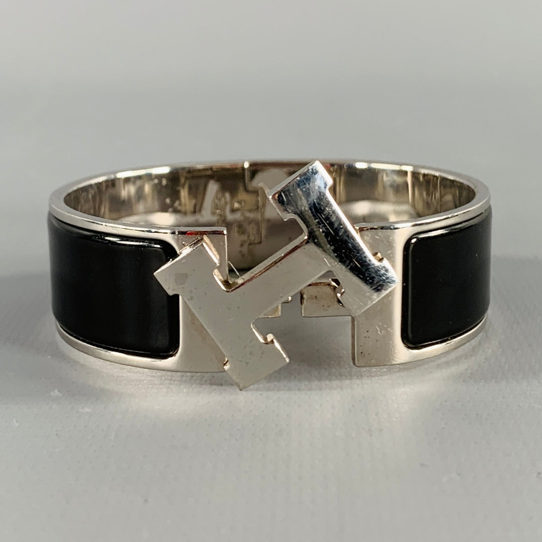 HERMES Clic Clac H Silver Black Monogram Enamel Metal Toggle Closure Bracelet